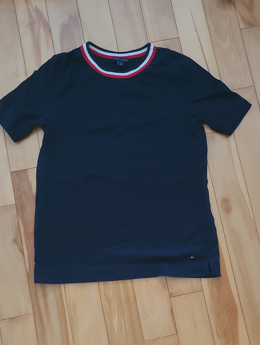 Tommy Hilfiger Men’s Black Crewneck T-Shirt with Red & White Collar